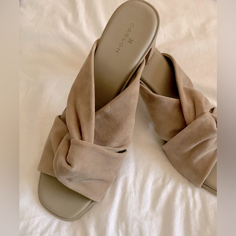 Taupe suede mule with two inch heel